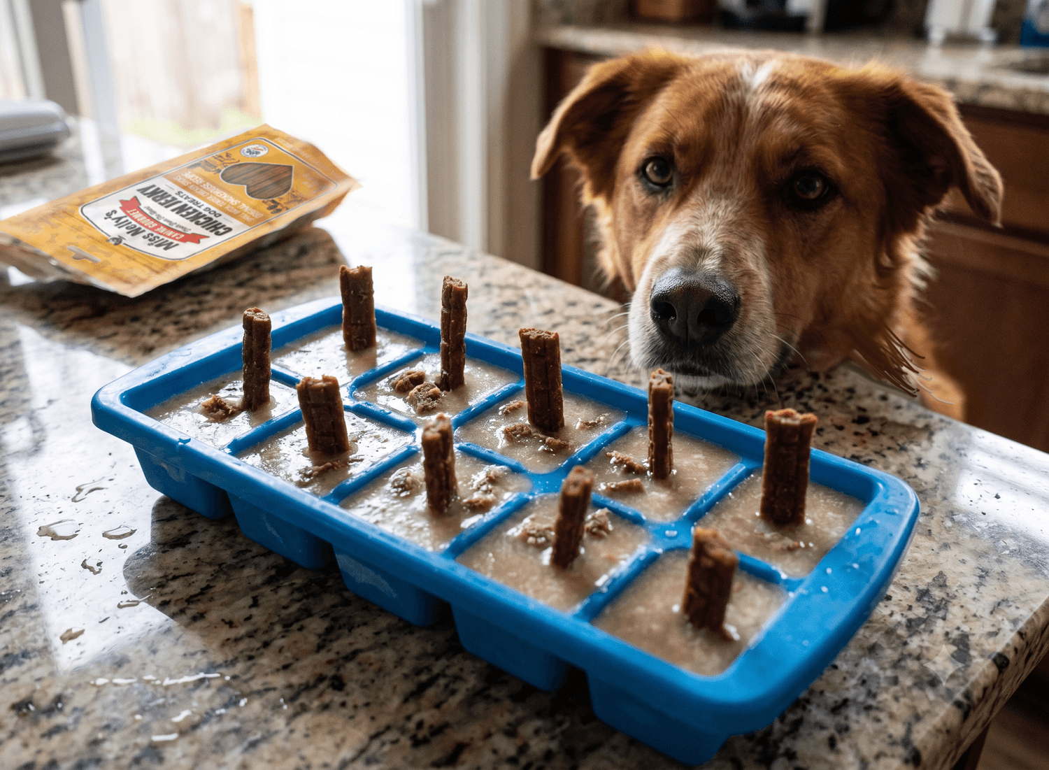 Murphy checks out the pupsicles made with Miss Nelly's chicken jerky.
